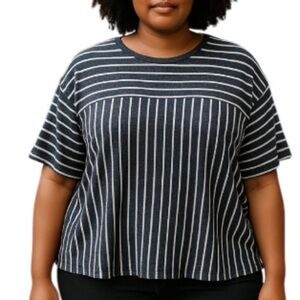 Coin 1804 Stripe Knit Top Navy White 1/2 Sleeve Round Neck Brushed Stretch 2X